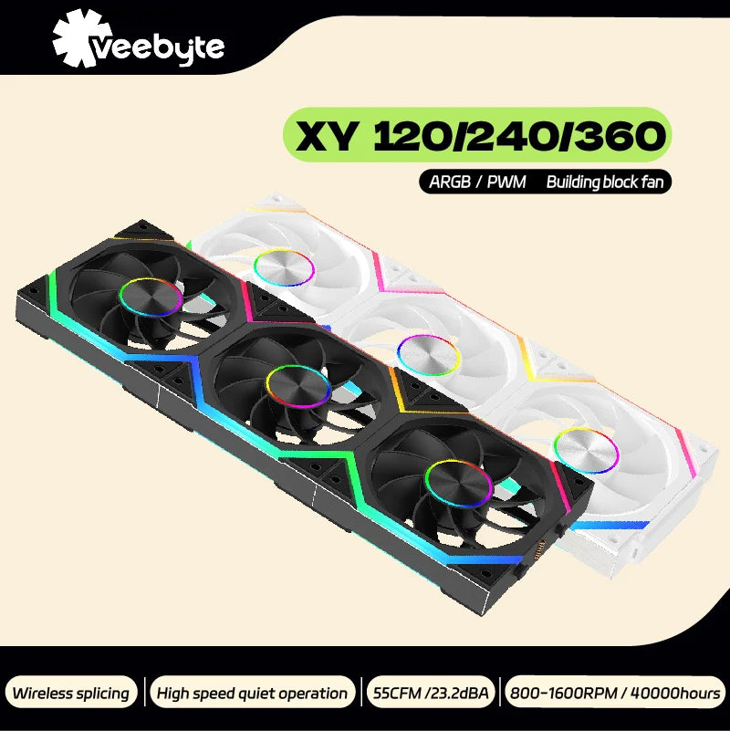 Veebyte XY 120/240/360 Building Block Wireless Splicing Fan 120mm PC Fan PWM Speed Control ARGB 12V Large Air Volume Chassis Fan