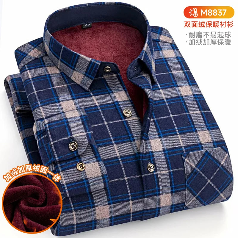 Winter Warm Shirts For Men Regular Fit Thicker Velvet Top Blouse Asia Plus Size Big Plaid Casual Clothing Long Sleeves Shirts