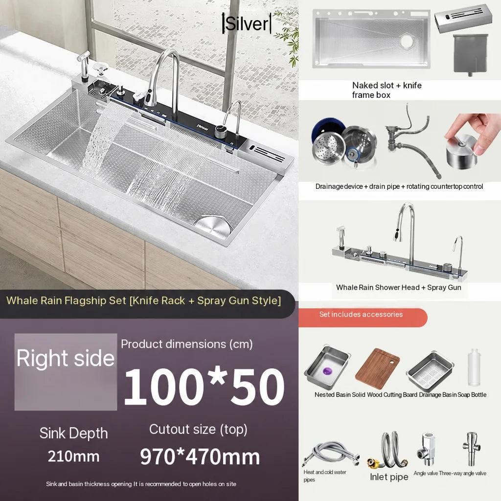 Stainless Steel Waterfall Kitchen Sink Digital Display Extra Large Single Bowl Multifunctional Household Vegetable Washing Sink