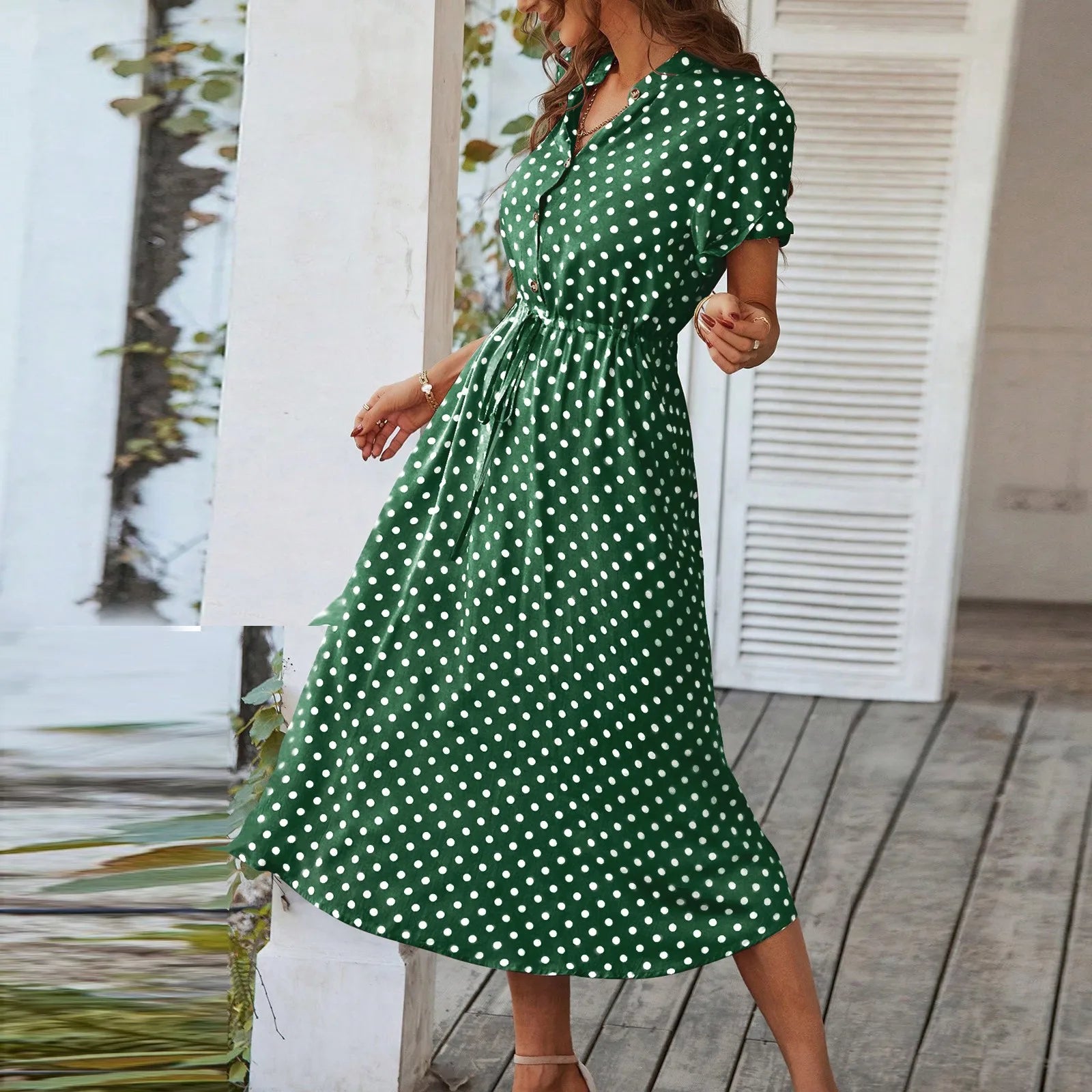 Elegant retro polka dot dress Women's Summer Midi Dress V Neck Single Breasted Short Sleeve Dresses Fashion Print Dress