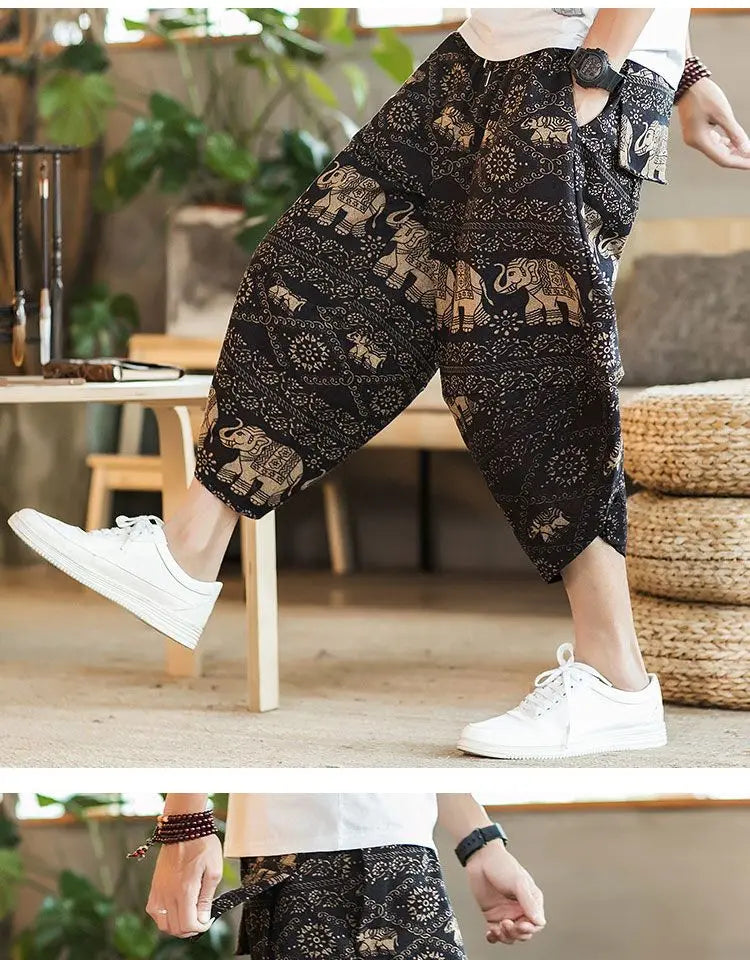 Men's Casual Cotton Linen Seven-Foot Pants Summer plus Size Lantern Loose Fit Shorts Harlan Style Comfortable Breathable Leis...