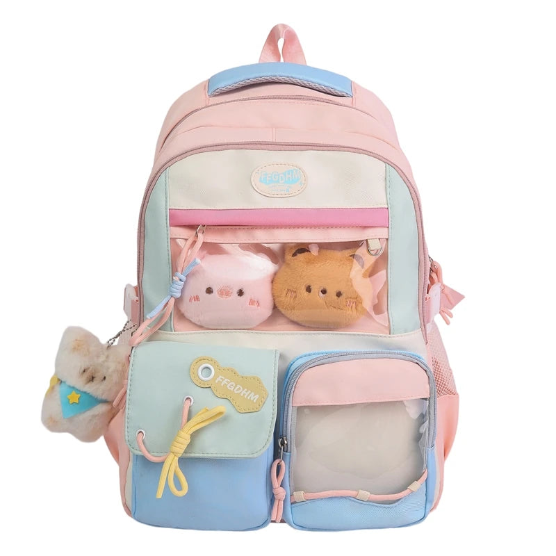 Women's Pastel Color Block Backpack Clear Display Pockets Plush Charm Bow Detail Adjustable Strap Casual Daily Itabag School Bag