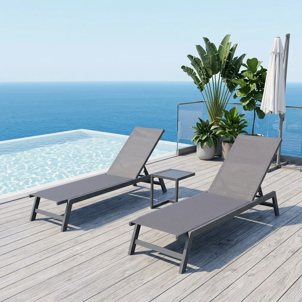 3PCS Aluminum Teslin Sun Lounger Set With Side Table Adjustable Backrest Outdoor Chaise Lounge Pool Garden Beach Hotel Sunbed