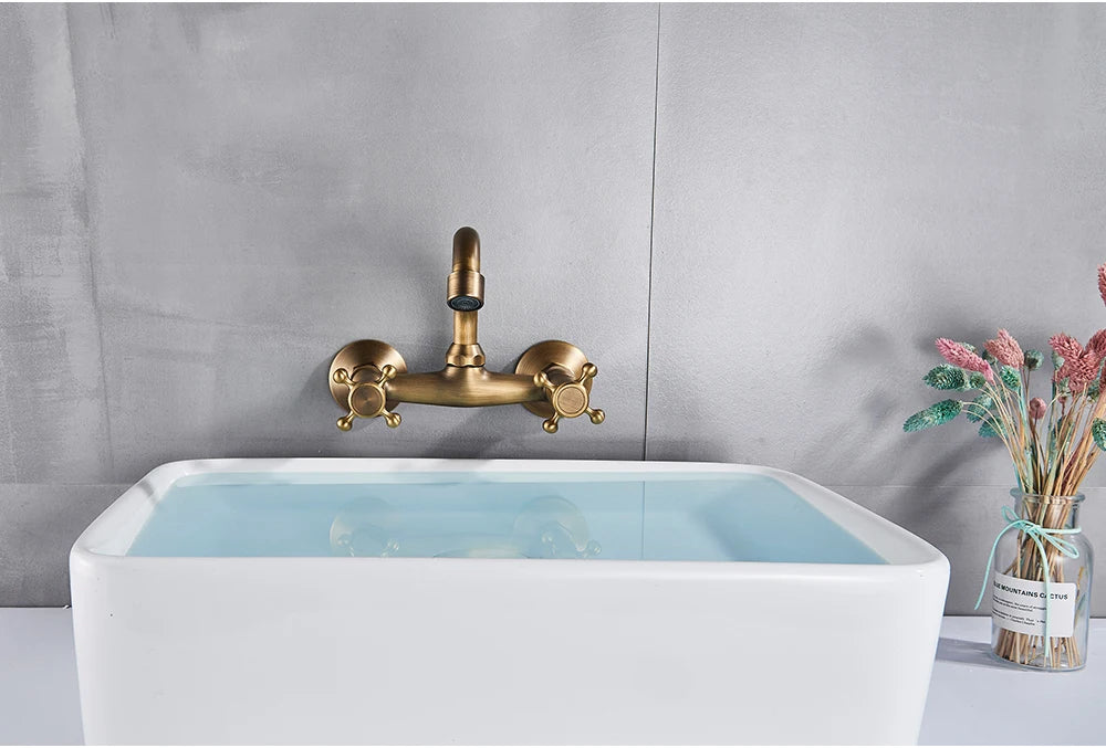 Antique Brass Basin Faucet Wall Mounted Bathroom Mixer Tap Hot Cold Sink Faucet 360 Rotation Spout Chrome Kitchen Mixer Taps