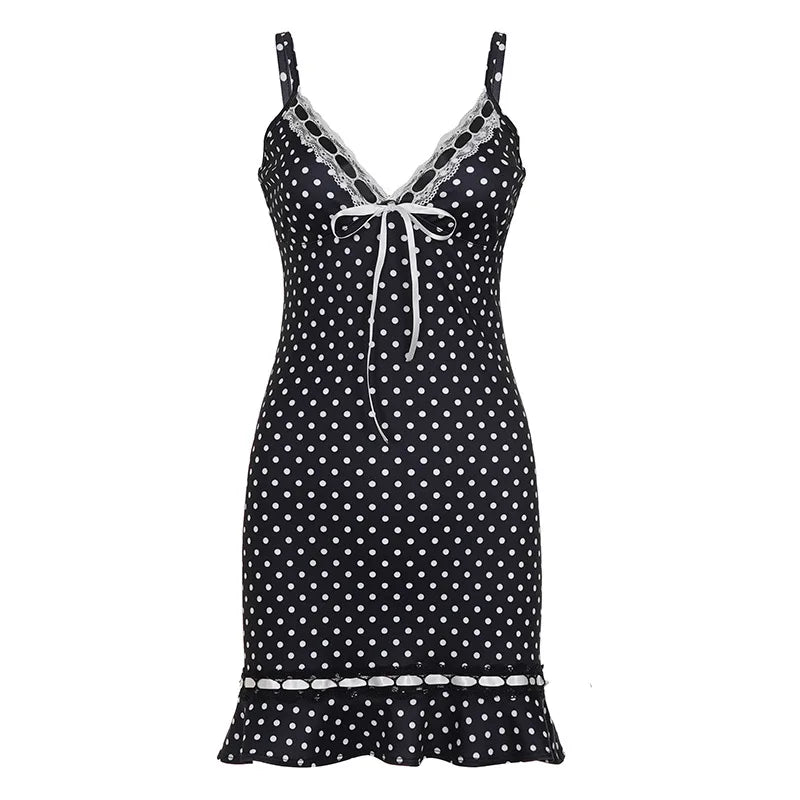 Sexy Lace Splice Polka Dot Strap Dress High Waist A-Line Skirt V-Neck Bodycon Short Dress Casual Summer Fashion for Women