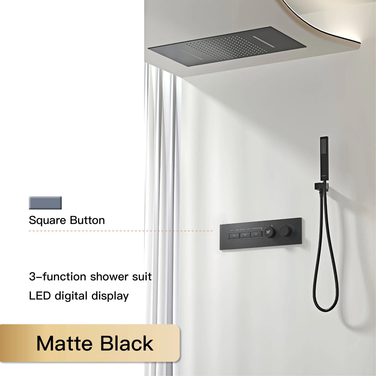 Luxury Black Brass Shower System, Wall Mounted Led Digital Display, Cold Hot Dual Control, Four Function Ceiling Shower Tap