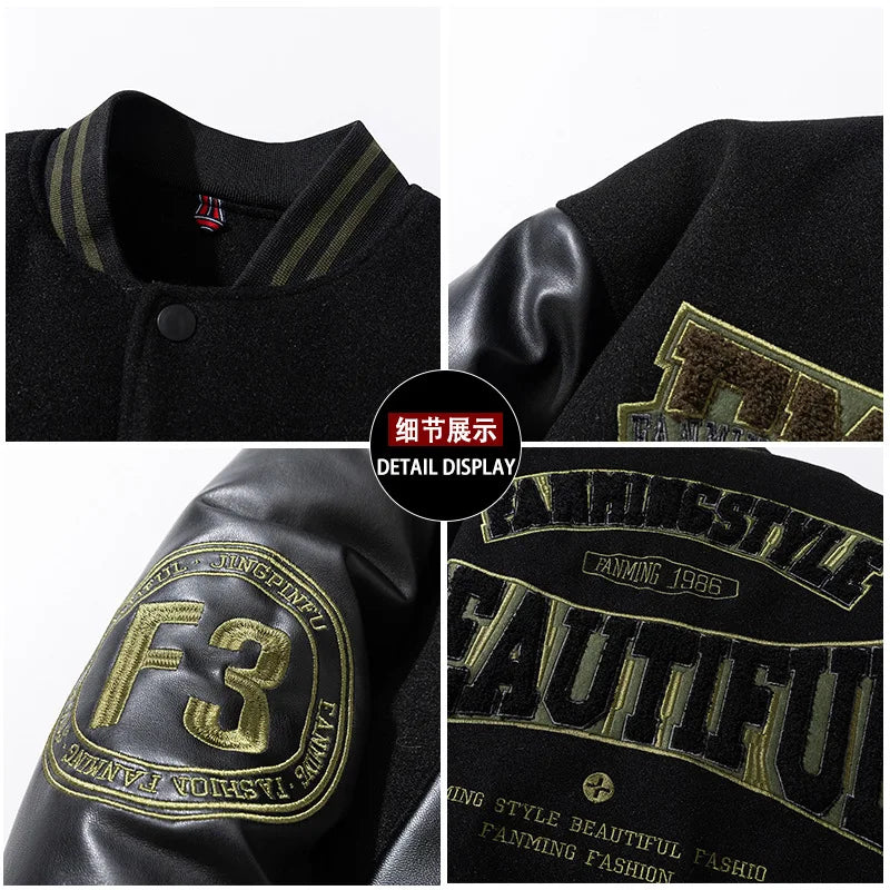 Vintage Letter Embroidered Baseball Jacket Cotton Coat Men's Winter Leather Sleeve Patchwork Woolen Thicken Overcoat