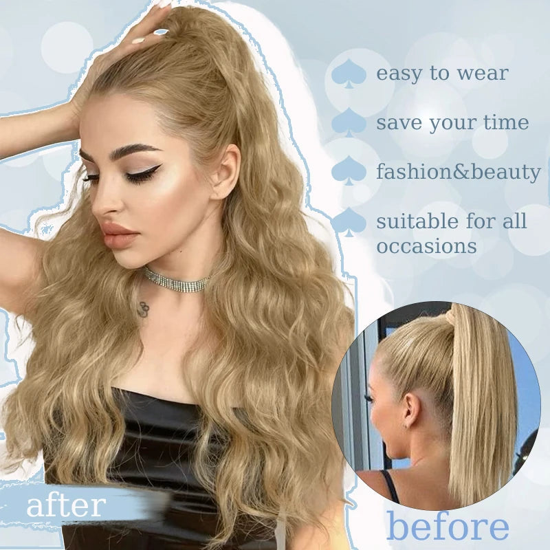 Synthetic Long Curly Hair Ponytail 24inch Wavy Ponytail Extensions with Elastic Hair Tie Women Hairpiece for Daily Party Wear