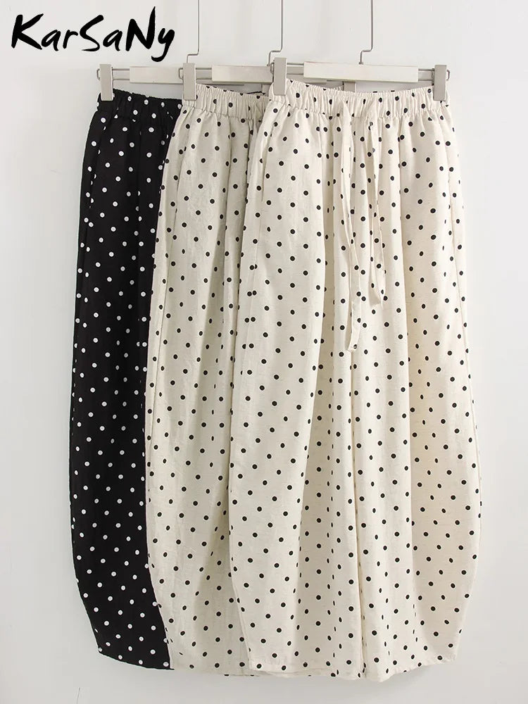 Polka Dot Cotton Linen Pants White Women Wide Leg Summer Spring Baggy Trousers For Woman High  Waist Linen Loose Pants Women