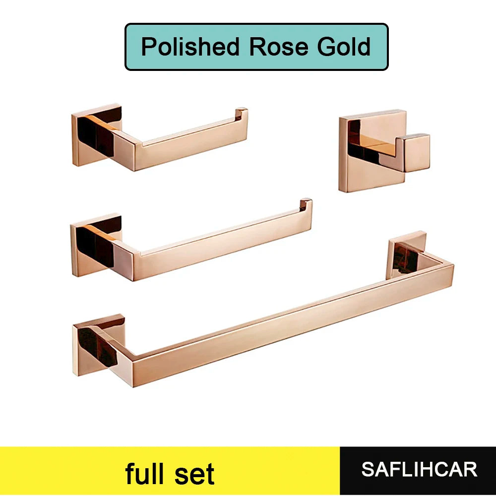 Rose Gold Bathroom Accessories Set Hardware Paper Holder Towel Bar Rack Rail Rod Robe Hook Hanger Wall Mount Brushed Rose Gold