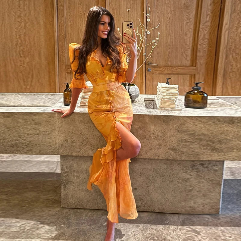 Sexy Print Women Long Dress Urban V-neck Single Breasted Ruffles Half Sleeve Female Dresses 2026 Spring Autumn Lady Robe