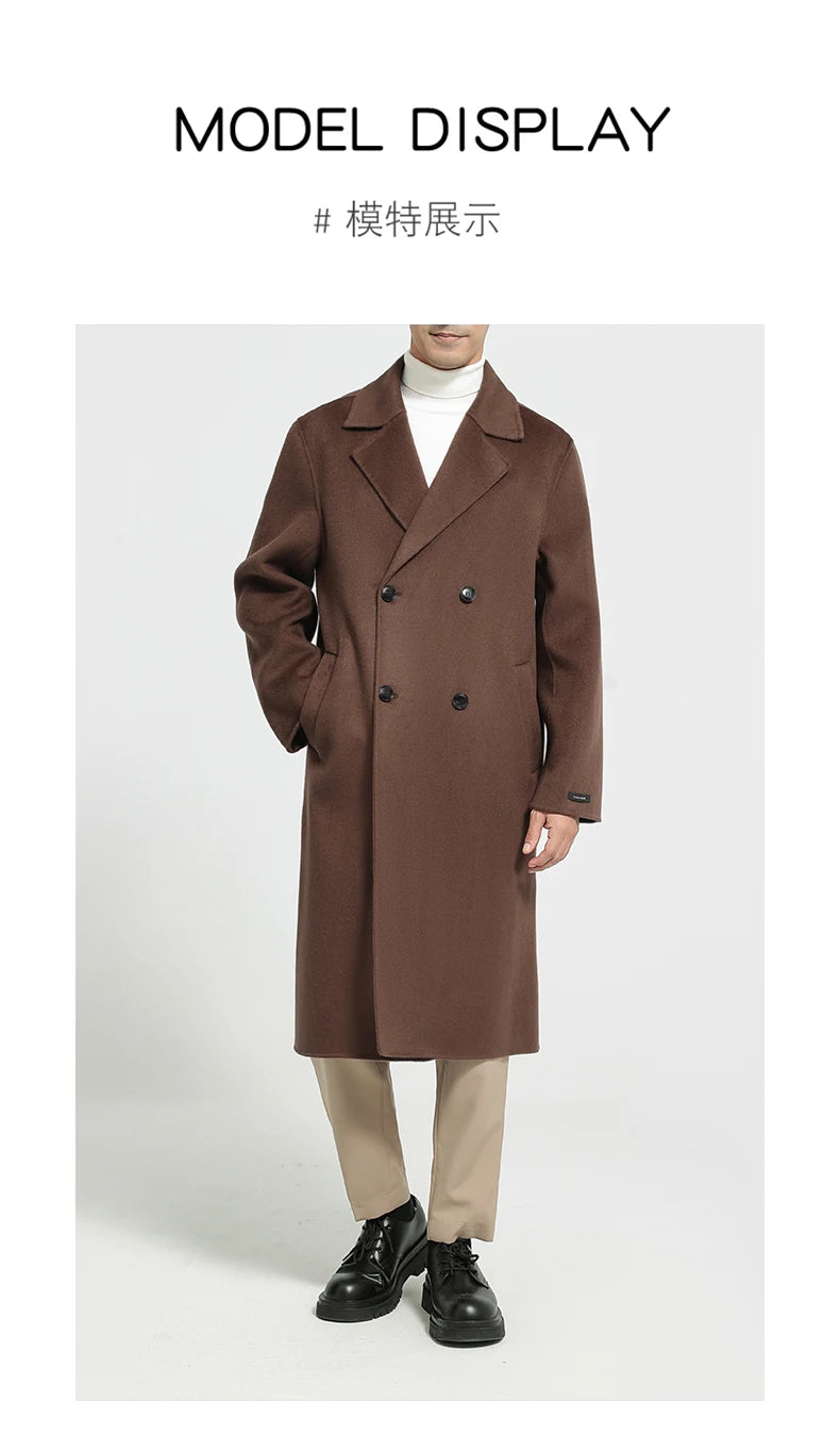 Men's 100% Cashmere Thick Double-Sided Extended Coat, Classic and Versatile Fashion for Business and Leisure
