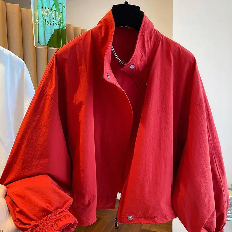 2025 New Red Stand Up Collar Casual Jacket For Women In Spring And Autumn Coat Loose Casual Short And Thin Jacket Top Female