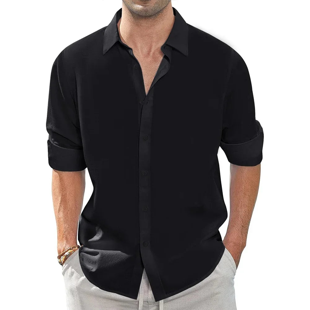 Spring Fall Men's Shirt Long Sleeve Lapel Collar Solid Color Basic Style Casula Breathable Lightweight Simple Fahion Shirts