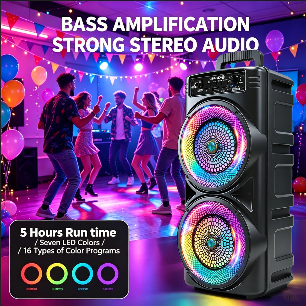 Portable  Bluetooth Party Speaker, Dual 6.5 Inch Big Subwoofer, Colorful RGB LED Light Effects, Wired Microphone, Bluetoo