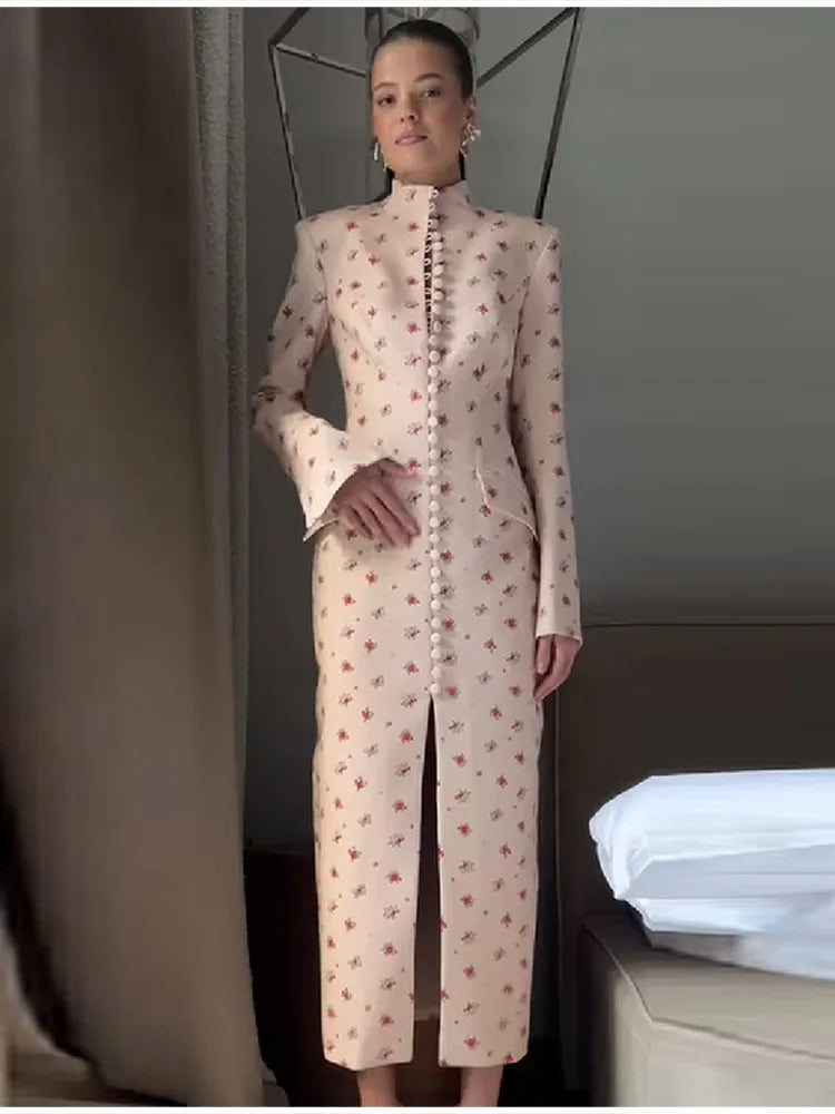 Trendy Floral Print High Neck Midi Dress For Women Chic Long Sleeve Button Front Sheath Dresses Office Party Commuting Clothes