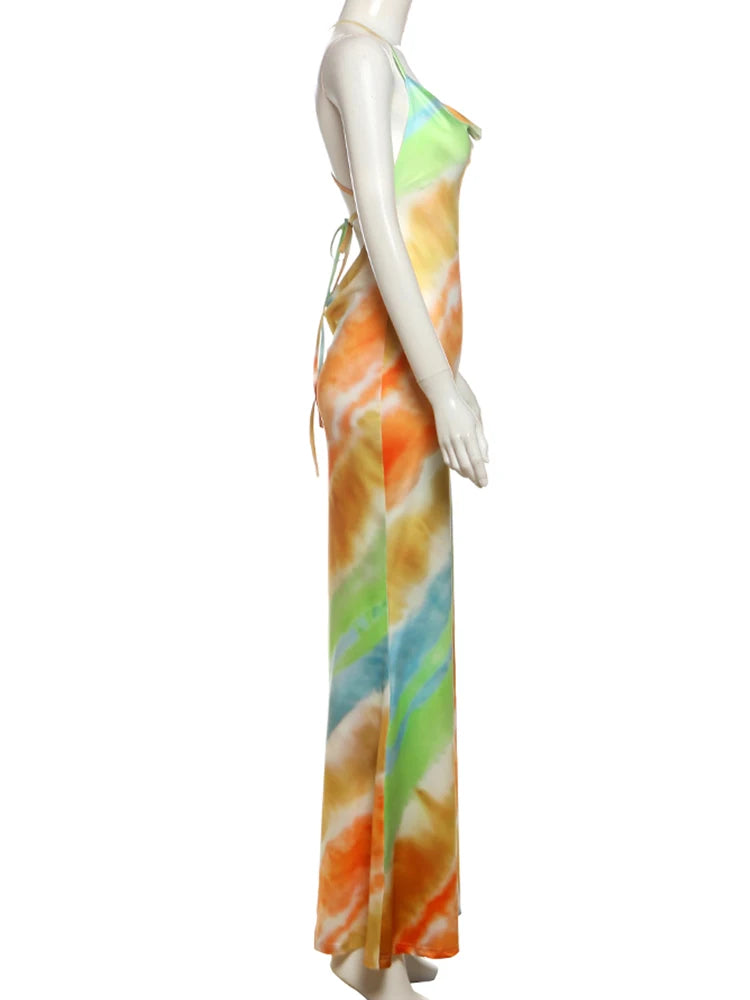 Weird Puss Colorful Fashion Maxi Dress Women Swing Collar Metal Chain Backless Vacation Trend Beach Party Style Elegant Vestidos