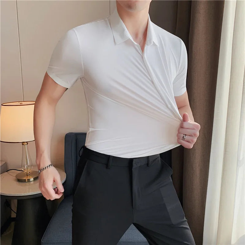 Men's Ultra Stretch Seamless Long Sleeve Shirt Top Quality Business Casual Breathable Stretchable Solid Color Formal Dress Shirt