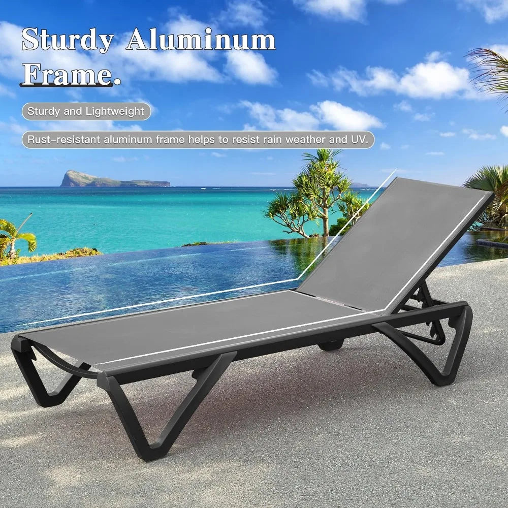 Aluminum Adjustable Outdoor Chaise Lounge Set of 2 with Wheels, Textilene Gray for Patio and Backyard
