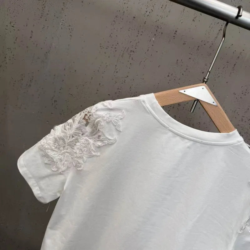 New 2026 Summer Women Casual T Shirts Short Sleeve Spliced Lace Embroidery Solid Color Ladies Fashion O Neck Pullover Tees Tops