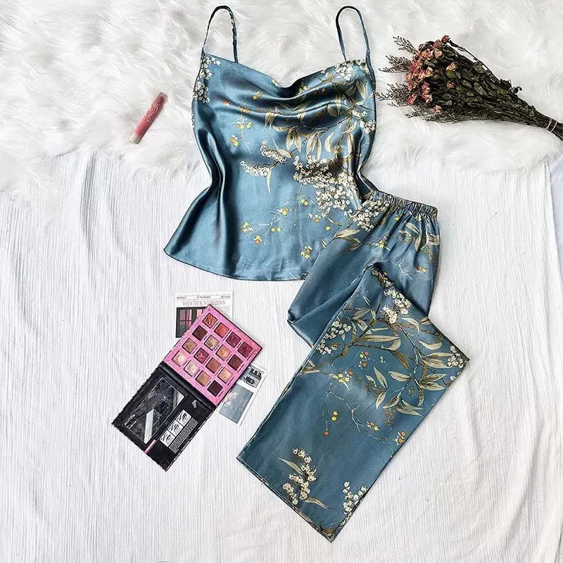 Sexy Simulated Silk Printed Camisole And Trousers Two-Piece Set Women's Home Wear Charming Floral Patterned Nightgown Outfit