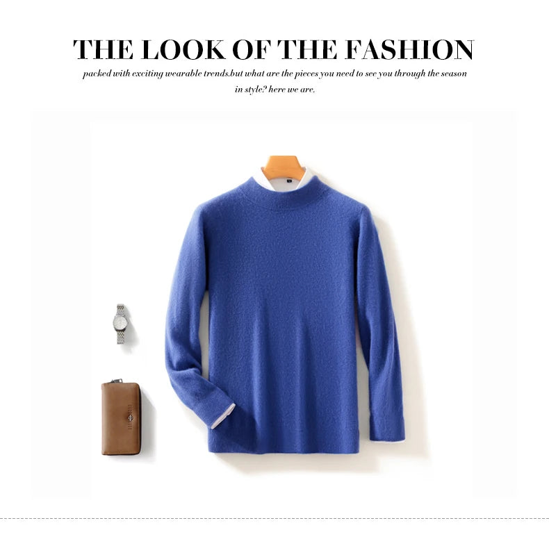 Autumn and Winter Half-high Neck 100% Pure Wool Men's Long Sleeve Leisure Sweater Knitwear