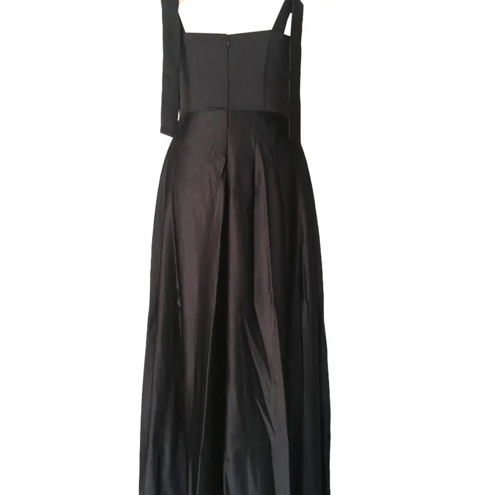 Women Wedding Dress Satin Lace-up Shoulder Strap Bow Square Neck A-line Big Swing Solid Color Sleeveless Elegant Evening Dress