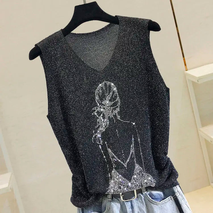 2025 Summer Hot Rhinestone Sleeveless Vest Women's Spring New Style V-neck Loose All-match Sling Knitted Top Girl T-shirt Green