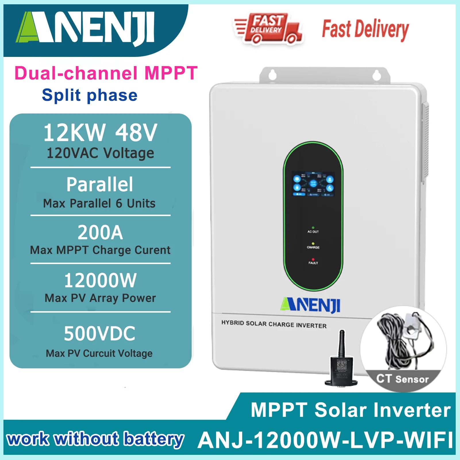 12KW Split Phase Inverter 48V 120V 230V Hybrid Solar Inverter Dual MPPT Paralleled Threephase With WiFi MPPT 200A Solar Charger