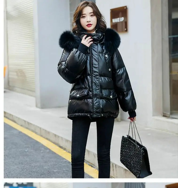 2026 Winter Fashion New Warm Duck Down Jacket Women's Clothes Glossy Fur collar Thicken Parka Short Down Coat Female Trend