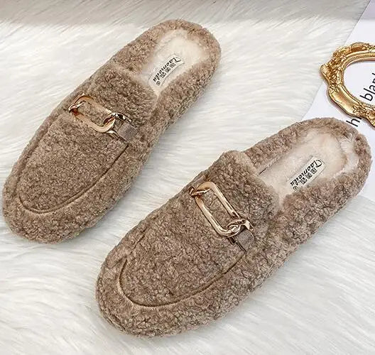 Winter Warm Plush Mules Women One Band Fur Slippers Cozy Cotton Shoes Woman Flats Cover Toe Fleeces Slides Femme Wool Pantuflas