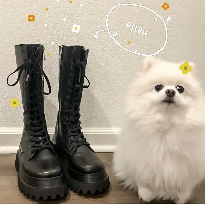 Chunky Women Motorcycle High Boots Fashion Lace Up Long Boots Platform Flats Autumn Winter Ladies Shoes