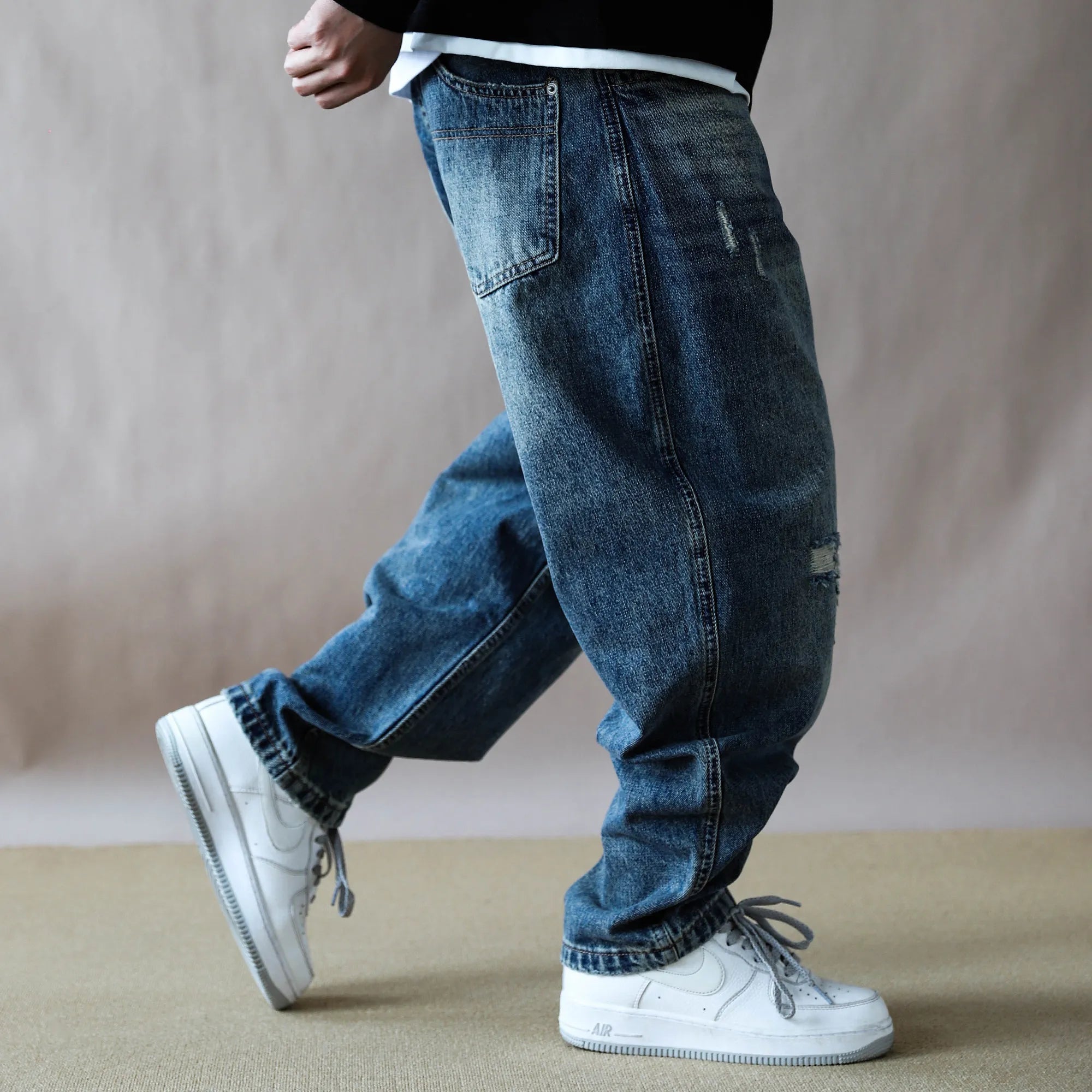 Mens Jeans American Vintage Light Blue Washed Distressed Ripped Patch Baggy Loose Curved Tapered Denim Pants Streetwear Hip Hop