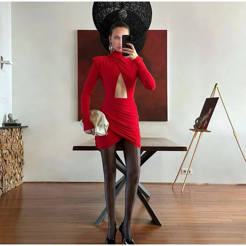 Elegant Hollow Out Mini Dress Women Sexy Long Sleeve Bodycon Waist Cinching Vestidos 2025 Chic Autumn Office Lady Commute Robes