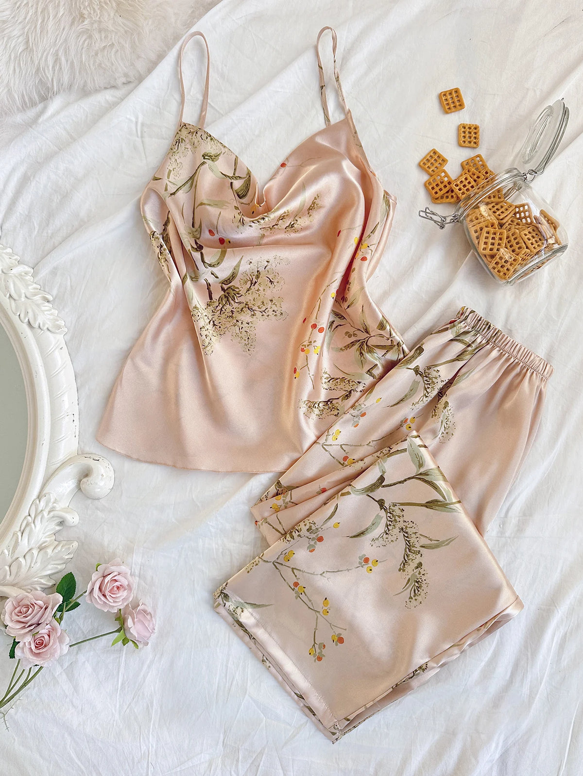 Women Cherry Print Satin Pajamas Set Cowl Neck Cami Top with Long Pants Elegant and Retro Loungewear Sleepwear Set