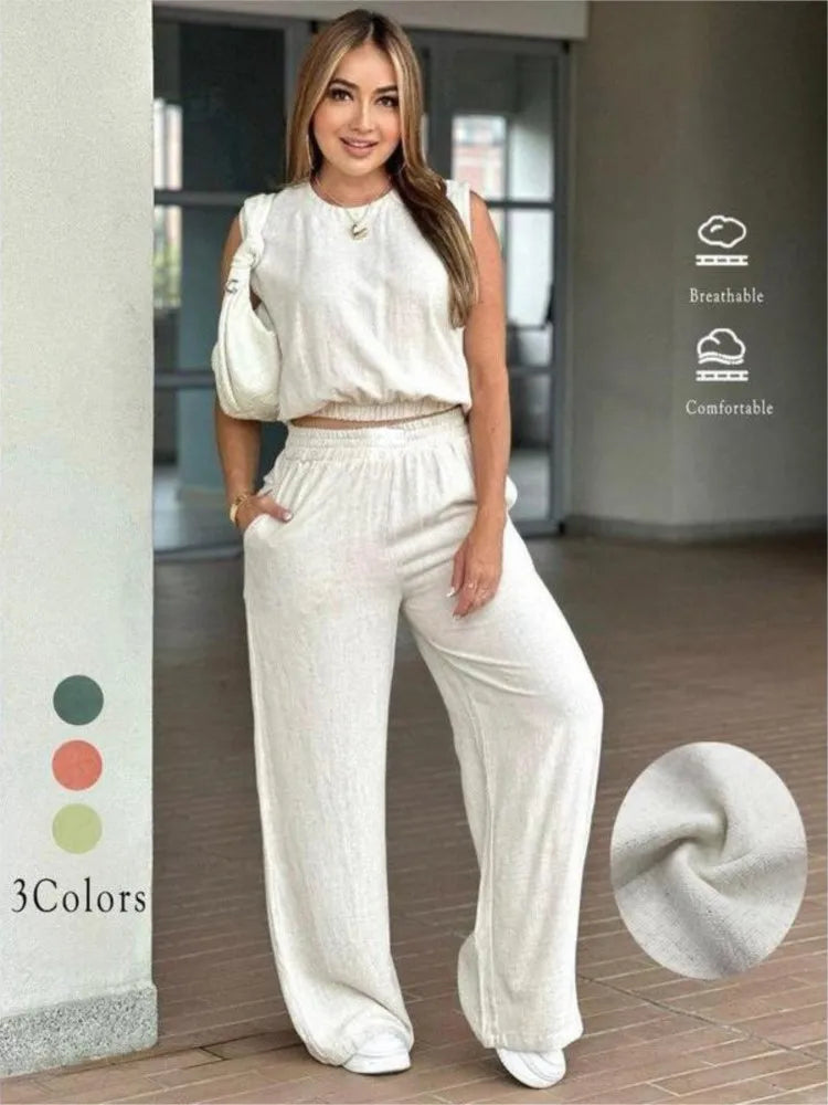 Fashion Ultra-short Sleeveless Top Trousers 2-piece Set Summer New Casual Pocket Loose Wide-leg Trousers Female Office Set 2025