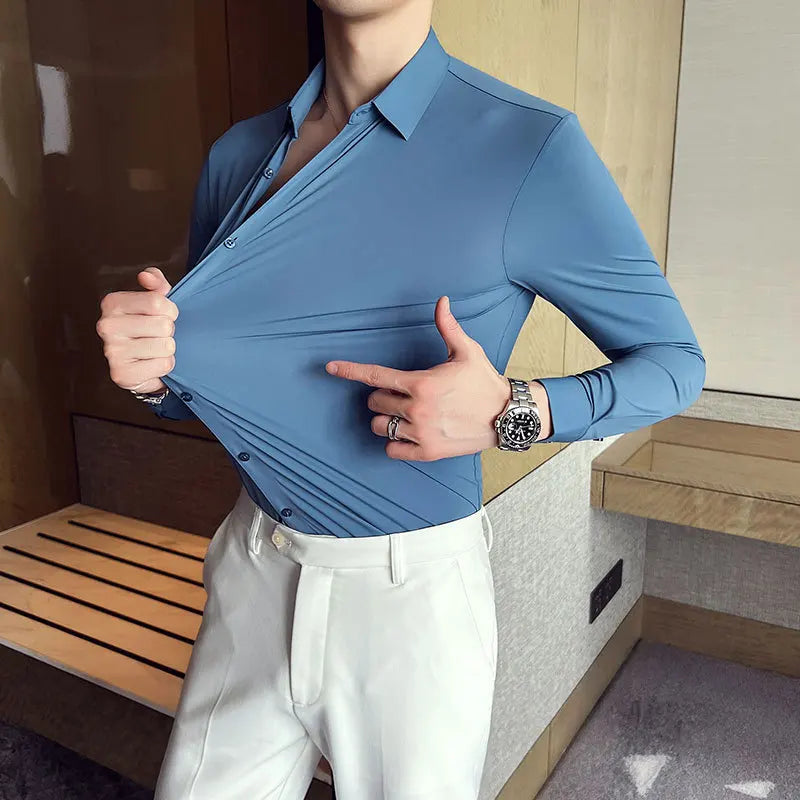 Men's Ultra Stretch Seamless Long Sleeve Shirt Top Quality Business Casual Breathable Stretchable Solid Color Formal Dress Shirt