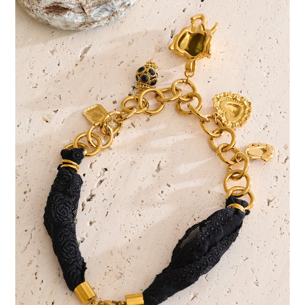 Yhpup 2025 Black Lace Chain Heart Elephant Pendant Statement Necklace 18K Golden Plated Stainless Steel Charms Handmade Jewelry