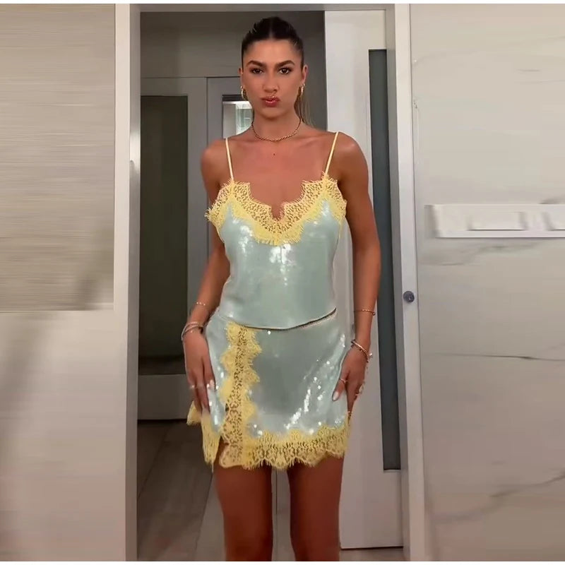 Sexy Sequin Sling Mini Dress Women Backless Lace Patcheork Straight Shiny Vestidos Female 2026 Summer New Chic Party Dresses