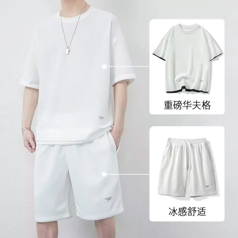Summer Solid Waffle Tracksuits 2026 Men's Short Sleeve Shorts Casual Two Piece Sets Loose Breathable Men Clothes Joggers Outfits