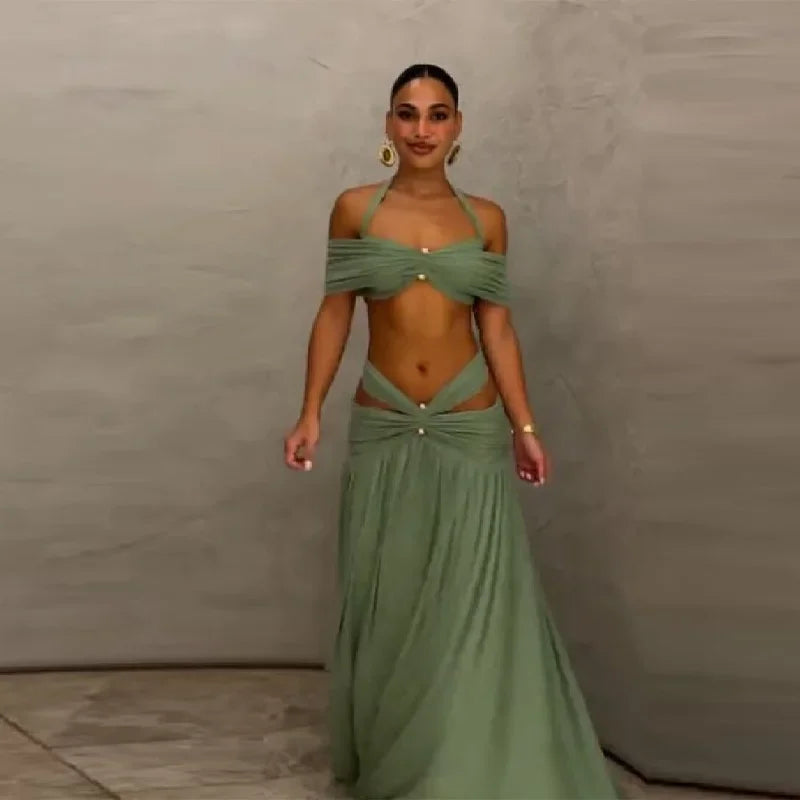 Elegant Sequin Floral Two Piece Set For Woman One Shoulder Crop Top + High Waist Cutout Mini Skirt Vacation Party Co-ord Set