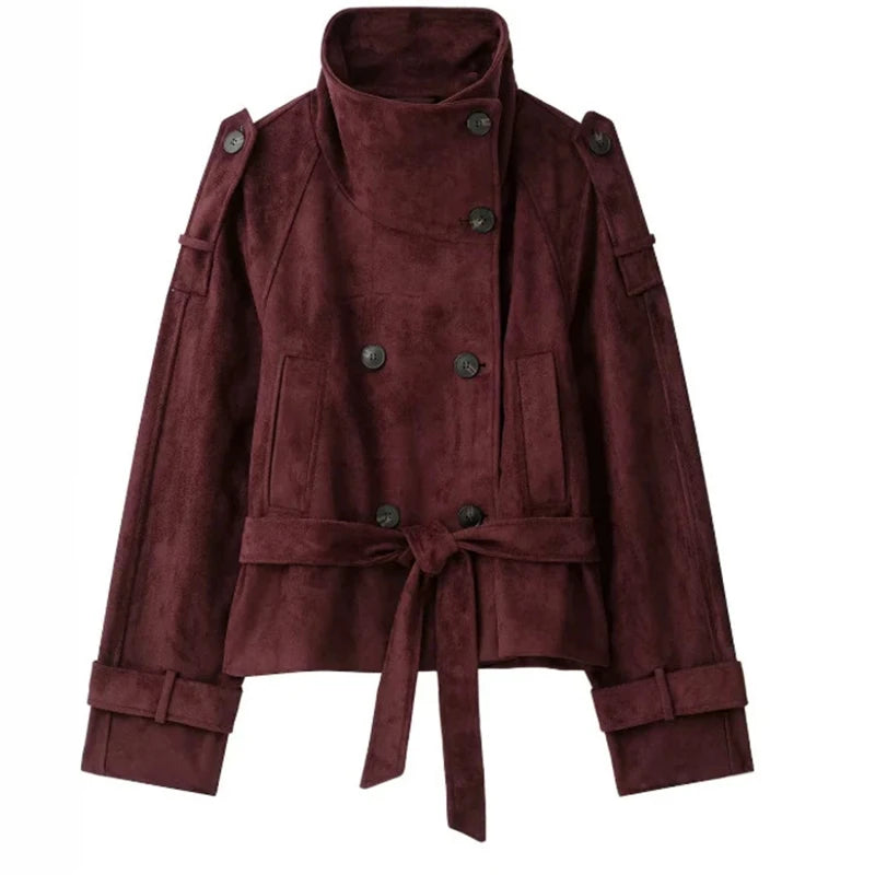 Faux Suede Women Winter Jacket Belted Waist Autumn Coat Stand Collar Short Jacket Cargo Jacket Daily Commute Wear Street Style