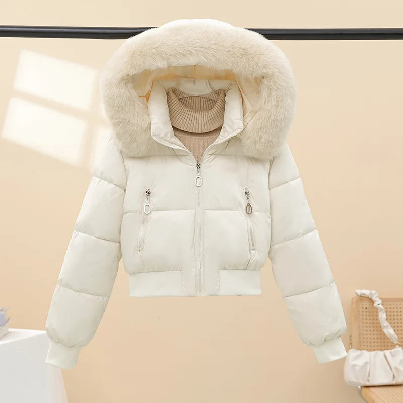 Short Cotton Jackets Long Sleeve Loose Hooded Short Women's Parka Coats Big Fur Collar Winter Down Cotton Padded Coats 2025 New
