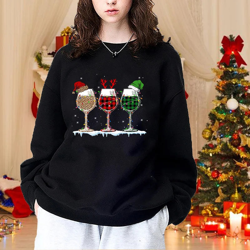 Autumn Winter Fashion Christmas Red Wine Glasses Woman Round Neck Pullover Christmas Casual Loose Sweater Red Wine Glasses Top