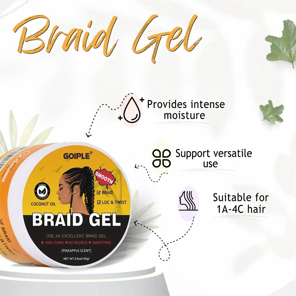 GOIPLE Extreme Hold Braid Gel-Styling Hair Wax for Cornrows, Locs, Twists and Fashionable Braids & Edge Control Gel & Brush 3pcs