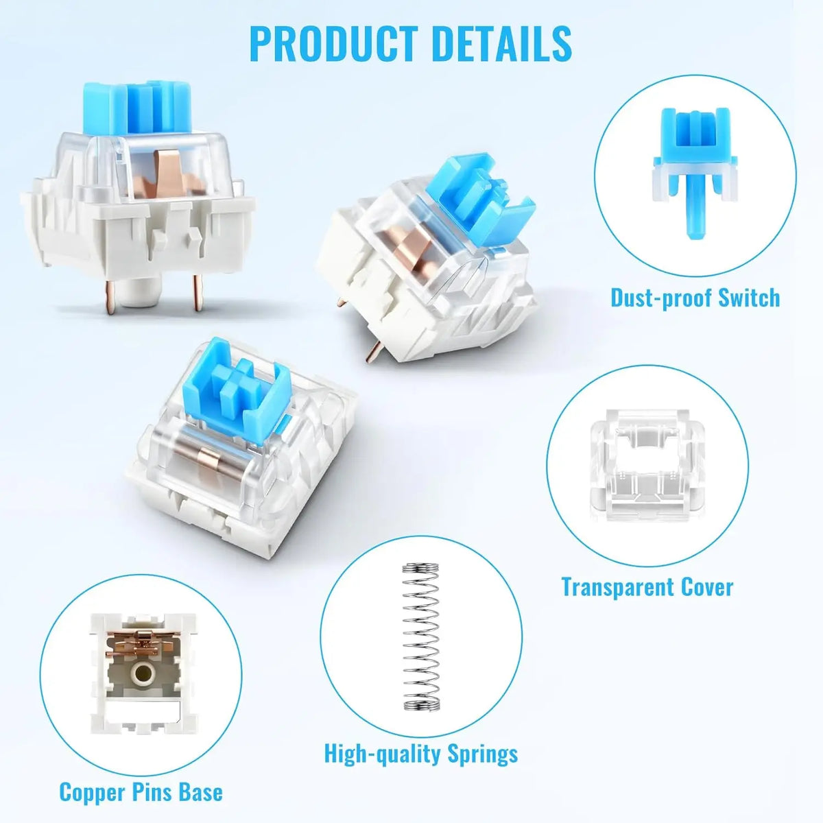 200/10pcs Mechanical Keyboard Switches Blue Switch Customizable Hot-Swappable 3 Pins Cross Stem for Mechanical Keyboard
