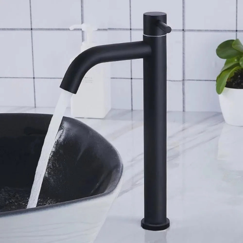 Stainless Steel Heighten Washbasin Faucet Silver/Black Quick Open Single Cold Faucet Rust-proof Sink Water Tap Bathroom Counter