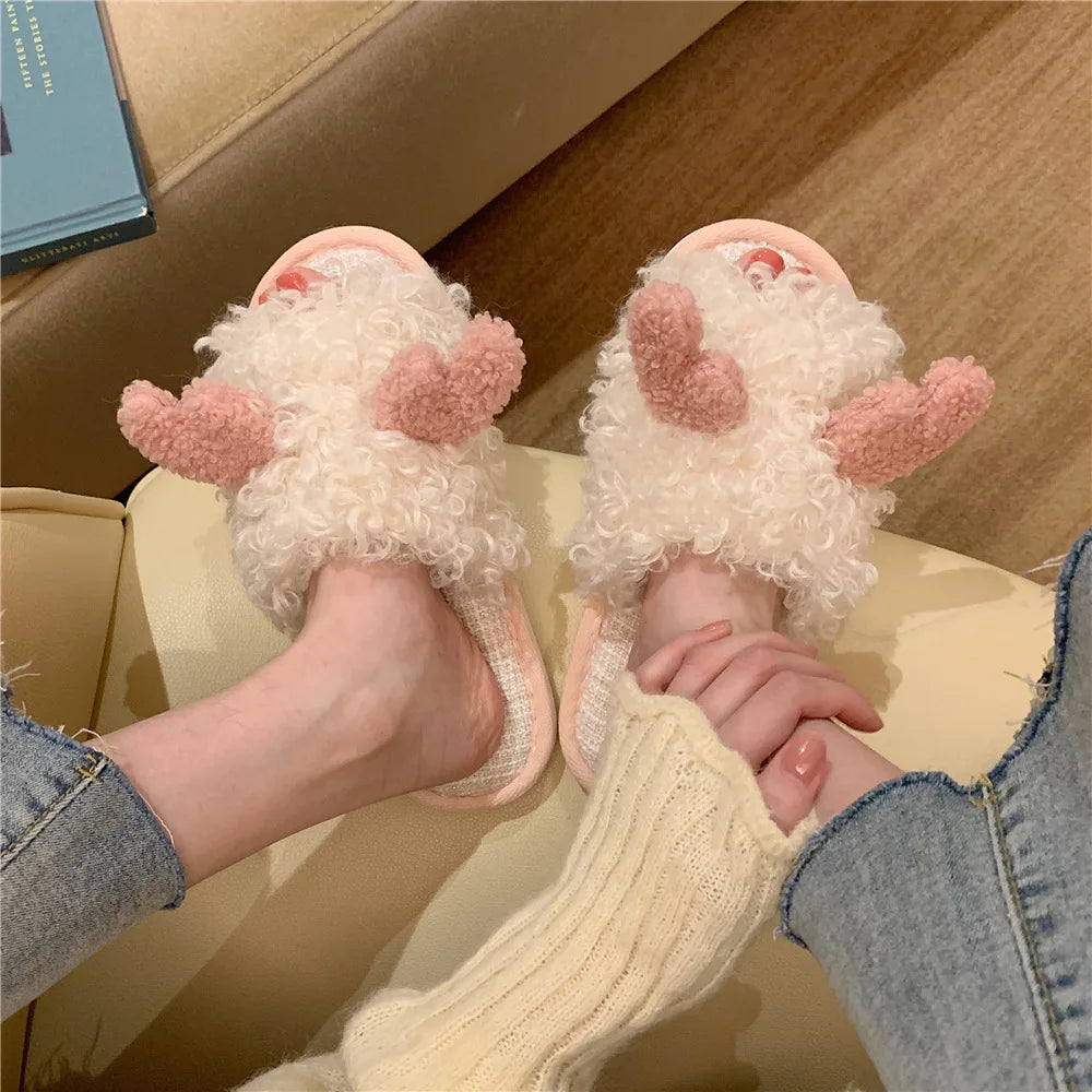 Shoes for Women Winter New Indoor Warm Cotton Shoes for Students At Home Cartoon Giraffe Plush One-word Slippers Chinelos Planos