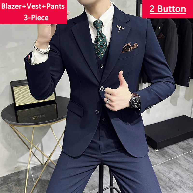 Blazer Vest Pants Men's Navy Blue Suit Set Slim Fit Blazer Vest Pants Formal Outfit for Business Wedding Office Groom Party