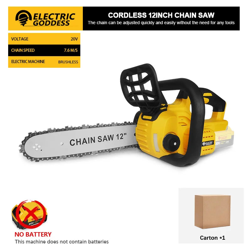 Cordless Battery Saw Portable Garden Woodworking Power Tool For  20V Battery Pin 1200W 12 Inch Brushless Electric ChainSaw